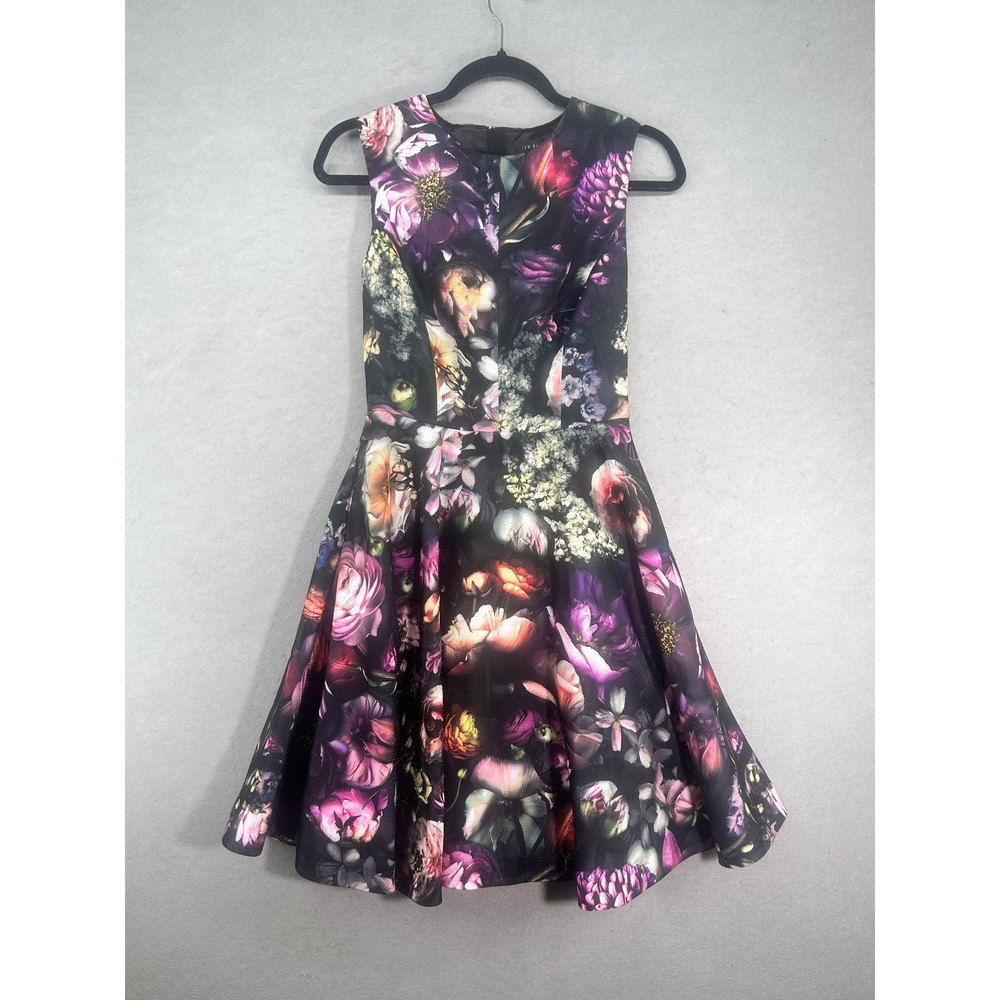 Ted Baker London Inesia Floral Skater Dress Black Purple Textured Mesh Size 2